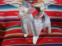 Mexican vintage folk art, and Mexican vintage pottery and ceramics, a wonderful pottery figure of a powerful bull with one happy rider, Guerrero, c. 1940's. Main photo of the bull and rider from Guerrero.