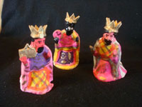Mexican vintage folk art, and Mexican vintage devotional art, a beautiful and brightly decorated pottery nativity set, Metepec, c. 1940's. Photo showing the three kings, part of the nativity set from Metepec.
