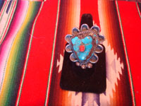 Native American Indian vintage sterling silver jewelry, and Navajo vintage sterling silver jewelry, a beautiful Navajo nugget ring of sterling silver with turquoise and corral, Arizona or New Mexico, c. 1940's. Main photo of the ring.