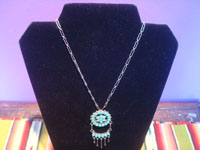 Native American vintage sterling silver jewelry, a beautiful Zuni necklace, silver and turquoise petit-point, Zuni Pueblo, New Mexico, c. 1940's. Main photo of the pendant and chain.