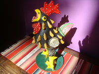 Mexican vintage folk art, and pottery and ceramics, a wonderful pottery rooster signed J.J.R.M (Juan Jose Ramos Medrano, known for his colorful, soulful ceramics), Santa Cruz de las Huertas, Jalisco, c. 1960. Main photo of the rooster.