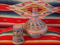 Mexican vintage pottery and ceramics, a flatware (opaco) water jar and cup from Tonala, Jalisco, c. 1930-40's. Another photo of the jar and cup.