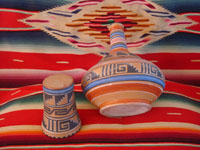 Mexican vintage pottery and ceramics, a flatware (opaco) water jar and cup from Tonala, Jalisco, c. 1930-40's. A side photo of the jar and cup.