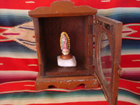 Mexican vintage devotional art and folk art, a wonderful wooden nicho, used to display an image of Christ, the Blessed Virgin, or a saint, c. 1940's. Photo showing the nicho with the door open.