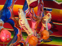 Mexican vintage pottery and ceramics, a wonderful and brightly decorated tree of life from Izucar de Matamoros, c. 1950's.  Closeup photo showing the lovely bird.