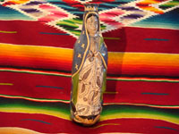 Mexican vintage pottery and ceramics, and Mexican vintage devotional art, a pottery bottle of Our Lady of Guadalupe from Tlaquepaque, c. 1930-40. Main photo.