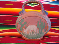 Mexican vintage pottery and ceramics, a flatware (opaco) wedding jar with exquisite artwork on all sides, from Tonala, Jalisco, c. 1930's. Main photo of front of vase.