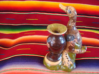Mexican vintage pottery and ceramics, and Mexican vintage folk art, a pottery duck standing next to a lovely blackware vase, from Tlaquepaque, Jalisco, c. 1930's. A photo of the back side of the duck.