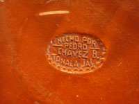 Mexican vintage pottery and ceramics, a wonderful petatillo plate, Tonala, c. 1940's. Closeup photo of the stamp on the back of the plate.