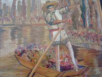 Mexican vintage straw-art (popote art or popotillo), and Mexican vintage folk art, a beautiful straw-art scene of the floating gardens of Xochimilco, with canals filled with flowers, and featuring a campesino paddling his canoe, signed Ariza, c. 1940's.  A closeup of the campesino rowing his canoe.