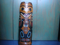 Native American Indian folk art and woodcarvings, a beautiful Northwest Coast large totem pole or house post, Haida, Queen Charlotte Islands, c. 1940's. Main image of the totem pole.