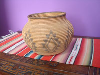 Native American Indian baskets, a beautiful Chemehuevi basketry olla with a tight weave and wonderful decorations, Arizona, c. 1920.  Main photo of the Chemehuevi basket.