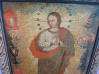 Mexican vintage devotional art, and vintage Mexican fine art, a beautiful oil painting of the Immaculate Conception, c. 1900. Closeup photo of Our Lady's face.