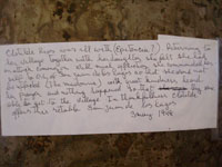 Photo of the back of the vintage Mexican exvoto painted on tin, with a translation of the text from the front of the exvoto.