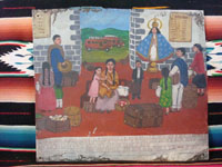 Mexican devotional religious art, an exvoto, 1949. The exvoto is painted on tin, and was created to express gratitude to Our Lady of San Juan de los Lagos for curing a woman who fell ill and was unable to return to her village.