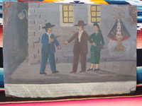 Mexican vintage devotional religious art, an exvoto, 1945. The exvoto expresses gratitude to Our Lady of Zapopan (a very famous and well-venerated image of Our Lady from a basilica near Guadalajara, Jalisco) who saved a man who had been shot by a drunkard after exiting a cinema with his wife. 