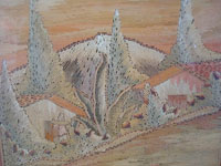 Closeup photo of the Mexican vintage straw-art, popote or popotillo, scene in a vintage Mexican wood-carved frome.
