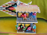 Mexican vintage folk art and Mexican vintage pottery and ceramics, a pottery 2-story apartment filled with Mexican tenants and with pigeons on the roof, by Candelario Medrano, Tlaquepaque, Jalisco, c. 1960. Main photo.