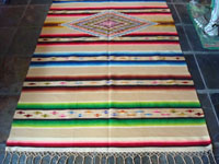 Mexican vintage textile, a Saltillo sarape, c. 1920. Woven of very fine wool with silk in the center diamond and side-bar decorations.  A closeup photo of the Saltillo sarape.