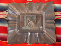Mexican vintage devotional art and tinwork art, a tinwork frame containing a retablo on tin of Jesus Scourged and Kneeling, c. 1930.  Main photo.