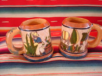 Mexican vintage pottery and folk art, a pair of wonderful petatillo pulque or beer mugs with beautiful scenes, Tonala, Jalisco, c. 1930-40's. These are attributed to the famous Tonala artist, Balbino Lucano. Main photo of both mugs.