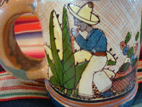 Mexican vintage pottery and folk art, a pair of wonderful petatillo pulque or beer mugs with beautiful scenes, Tonala, Jalisco, c. 1930-40's. These are attributed to the famous Tonala artist, Balbino Lucano. Closeup of a campesino on one of the mugs.