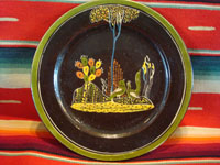 Mexican vintage pottery and folk art, a lovely blackware plate with wonderful birds, c. 1930's. The scene is extremely well-painted, and the birdies are very endearing. Main photo.