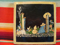 Mexican vintage pottery and folk art, a blackware tile with a beautiful scene of a campesino dressed in his Saltillo sarape, resting amidst dense foliage and plants, Tlaquepaque, Jalisco, c. 1930's. Main photo of the front of the tile.