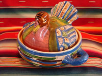 Mexican vintage pottery and folk art, a uniquely large turkey casserole with lid, Tlaquepaque, Jalisco, c. 1940's. The painted decorations on the turkey and especially on the wings are very well done! Main photo.