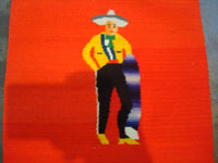 Mexican vintage textiles and Saltillo sarapes, a wonderful pair of matching Saltillo sarapes featuring a dashing Mexican charro (horseman) and a lovely China Poblana or charra dancing around a sombrero, c. 1940's. Another closeup photo of the charro.