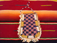 Native American Indian antique beadwork and folk art, a beautifully beaded Apache pouch (ration-ticket pouch), c. 1890. The ration pouch features two American flags on one side, and a wonderful checkerboard pattern on the other. A photo showing the beaded checkerboard pattern on the other side of the pouch.