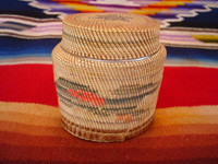 Native American Indian antique basket, a finely woven Northwest Coast basket, woven around a Pond's Cold Cream Jar and lid, Nootka or Makah Indians, c. 1920's. Main photo of the Nootka or Makah Indian Basket.