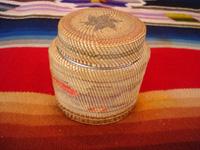 Native American Indian antique basket, a finely woven Northwest Coast basket, woven around a Pond's Cold Cream Jar and lid, Nootka or Makah Indians, c. 1920's. Another side of the Indian basket.