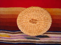Native American Indian antique basket, a finely woven Northwest Coast basket, woven around a Pond's Cold Cream Jar and lid, Nootka or Makah Indians, c. 1920's. Photo showing the bottom of this Indian basket.