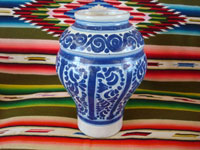 Mexican vintage pottery and ceramics, a beautiful Talavera vase, Puebla, c. 1930's. Main photo of the blue-ware Talavera vase from Puebla.