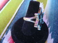 Native American Indian vintage sterling silver jewelry, and Zuni vintage sterling silver jewelry, a beautiful Zuni silver ring with inlays of turquoise and jet, Zuni Publo, New Mexico, c. 1950.  Side view of the Zuni silver ring.