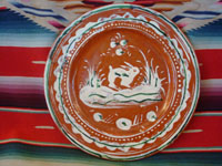 Mexican vintage pottery and ceramics, a Bandera-ware pottery plate with a wonderful bunny, Tlaquepaque, c.1930. This type of pottery is called bandera (Spanish for "flag") because of the colors of red, green, and white, the colors of the Mexican flag. Very fine hand-painted decorations on this piece of vintage Mexican folk art.  Main photo.