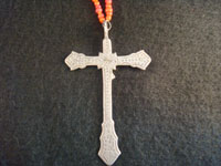 Mexican vintage silver jewelry, a Mexican or Guatemalan silver cross, c. 17th-18th century. This is a colonial era devotional cross showing significant indigenous, pre-hispanic influence. Photo of back side of silver cross.