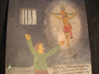Mexican vintage devotional art and folk art, an ex-voto painted on tin from Toluca Mexico, 1960. The ex-voto expresses the gratitude of Carlos Mesa, after he had been jailed by U.S. Immigration Officials in San Jose, California, in 1960 because he lacked proper documentation. Condition is very good. Closeup photo of the ex-voto.