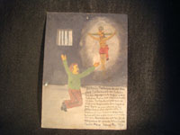 Mexican vintage devotional art and folk art, an ex-voto painted on tin from Toluca Mexico, 1960. The ex-voto expresses the gratitude of Carlos Mesa, after he had been jailed by U.S. Immigration Officials in San Jose, California, in 1960 because he lacked proper documentation. Condition is very good. Main photo.