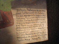 Mexican vintage devotional art and folk art, an ex-voto painted on tin from Toluca Mexico, 1960. The ex-voto expresses the gratitude of Carlos Mesa, after he had been jailed by U.S. Immigration Officials in San Jose, California, in 1960 because he lacked proper documentation. Condition is very good. Closeup photo of the Spanish text on the front of the ex-voto.