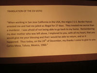Mexican vintage devotional art and folk art, an ex-voto painted on tin from Toluca Mexico, 1960. The ex-voto expresses the gratitude of Carlos Mesa, after he had been jailed by U.S. Immigration Officials in San Jose, California, in 1960 because he lacked proper documentation. Condition is very good. Photo of the English translation of the Spanish text.