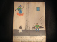 Mexican vintage devotional art and folk art, an ex-voto painted on tin, Zacatecas, June 30, 1930. Ex-voto's are created as personal expressions of gratitude to God, Our Lady, or some saint for a favor received or a prayer answered. This wonderful ex-voto was created on behalf of Jubencio Rocha who had been jailed in Zacatecas, accused of a theft he did not commit. His mother, sure of his innocence, pleads to the Santo Nino de Atocha, and he is exonerated and freed! Condition is excellent. Size: 9 1/2 inches high by 7 1/2 inches wide.  Main photo.