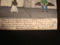 Mexican vintage devotional art and folk art, an ex-voto painted on tin, Zacatecas, June 30, 1930. Ex-voto's are created as personal expressions of gratitude to God, Our Lady, or some saint for a favor received or a prayer answered. This wonderful ex-voto was created on behalf of Jubencio Rocha who had been jailed in Zacatecas, accused of a theft he did not commit. His mother, sure of his innocence, pleads to the Santo Nino de Atocha, and he is exonerated and freed! Condition is excellent. Size: 9 1/2 inches high by 7 1/2 inches wide.  Photo of the Spanish text on front of the ex-voto.