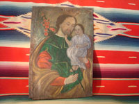 Mexican vintage devotional art, a retablo of Saint Joseph with the child Jesus painted on tin, c. 1870-1900. The colors are vibrant and the artwork is exceptional! Main photo of retablo.