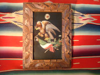 Mexican vintage folk art, a feather-work picture of an eagle with the Mexican flag, c. 1920. This picture of the eagle with the Mexican flag is done with hundreds of tiny feathers of many colors. Featherwork pictures are a wonderful artform originating in Mexico in pre-Hispanic times. Main photo.