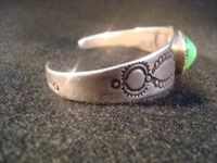 Native American Indian vintage silver jewelry, a Navajo silver bracelet with ingot silver and a beautiful turquoise stone, c. 1920.  Photo of second side of Navajo silver bracelet.