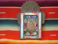 Mexican vintage devotional art, a very old print depicting Our Lady of Juquila, in a very decorative tinwork and glass nicho, c. 1930. Main photo of the retablo of Our Lady.