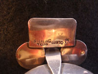 Mexican vintage silver jewelry, a Taxco vintage sterling silver bracelet c. 1940. The bracelet is 980 sterling with beautiful black onyx stones set with copper bezzles. A photo showing the mark on the back of the Taxco silver bracelet.