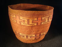 Native American Indian antique Tlingit basket with wonderful geometric bands around the sides, featuring red crosses, c. 1900. Another photo of the Tlingit basket.